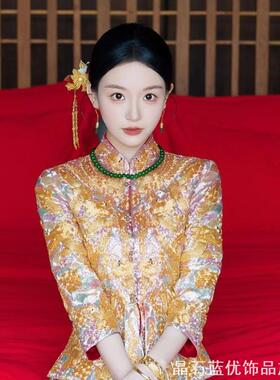 新中式祖母绿色串珠秀禾服项链