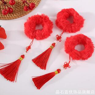 元旦儿童演出红色毛绒发圈过年发饰喜庆丸子头头花2025新款古风