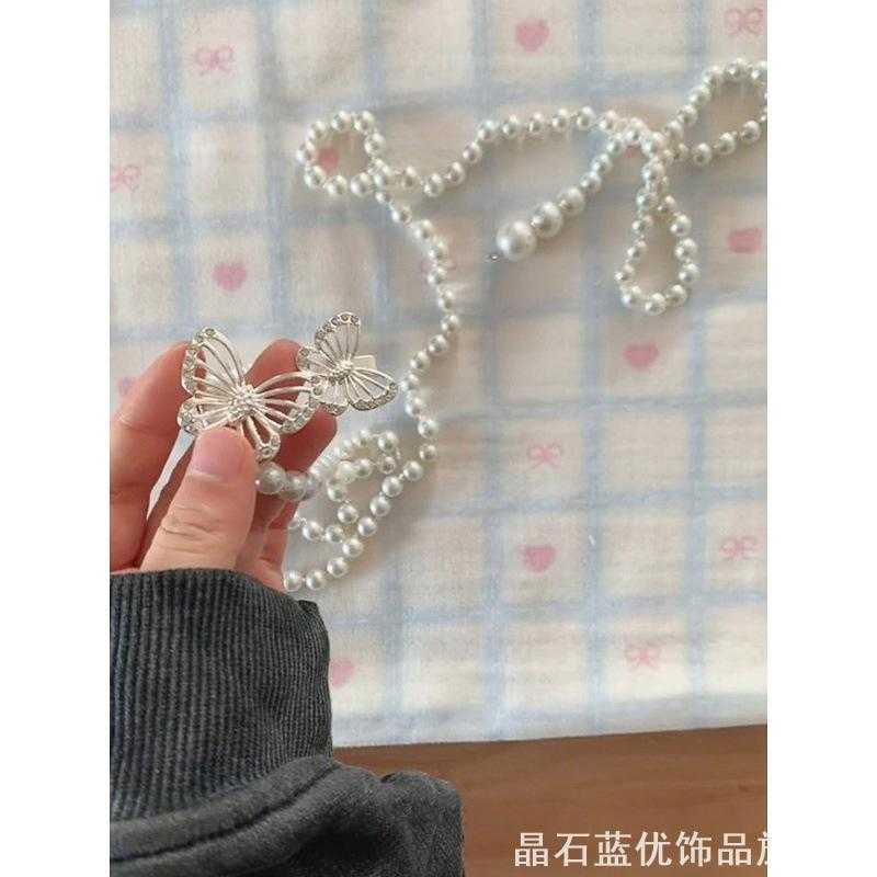 森系甜风双蝴蝶仿珍珠腰链长款流苏吊坠碎花连衣裙收腰搭配链条
