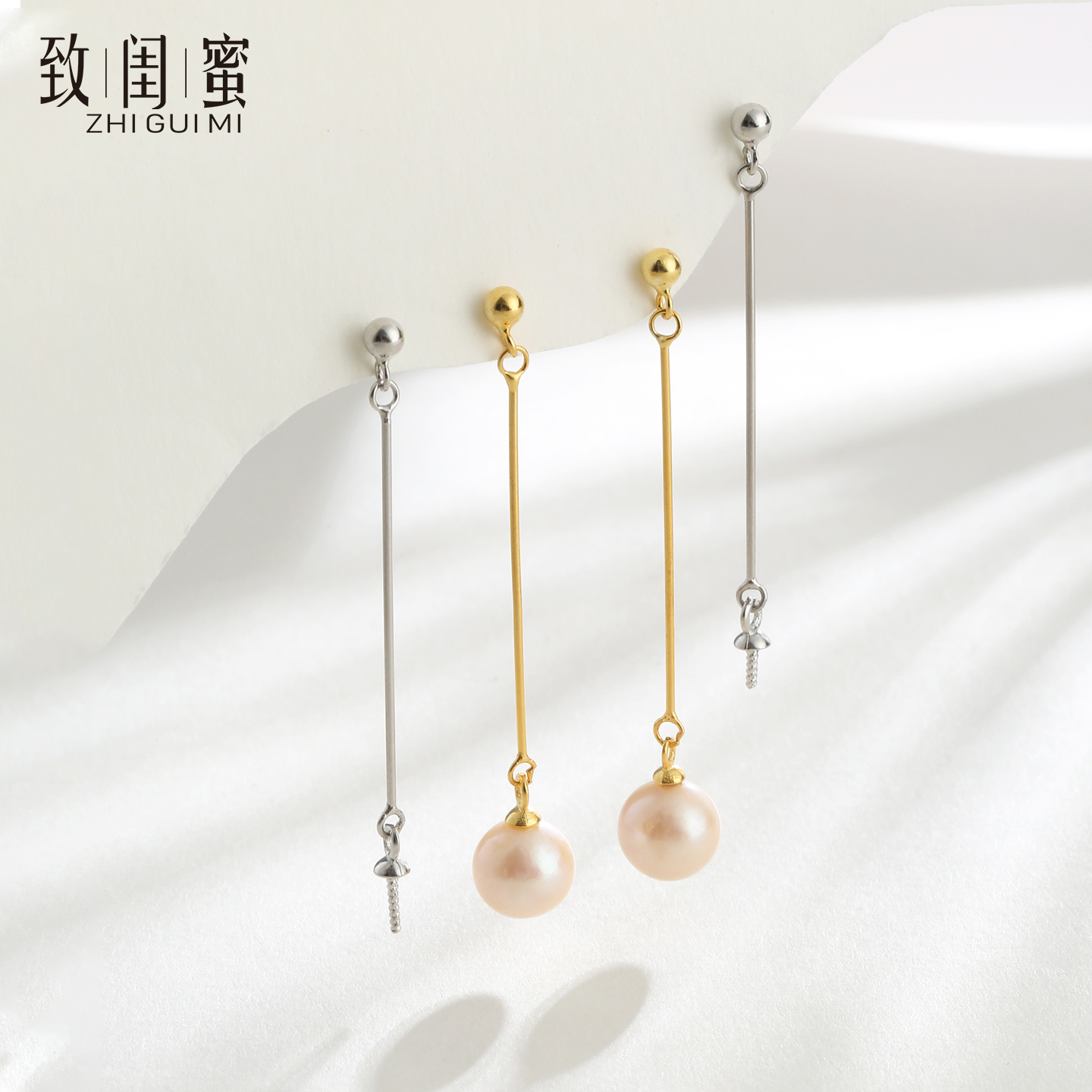 S925纯银耳钉空托镶嵌琥珀水晶