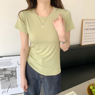 洋气圆领 莫代尔短袖 T恤女夏修身 简约穿上衣大码 百搭纯色打底衫