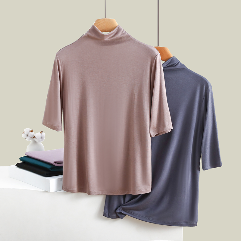 夏薄款莫代尔五分袖半高领