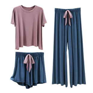 女款 大码 胖mm莫代尔睡衣夏季 宽松家居服女可出门休闲短袖 三件套装