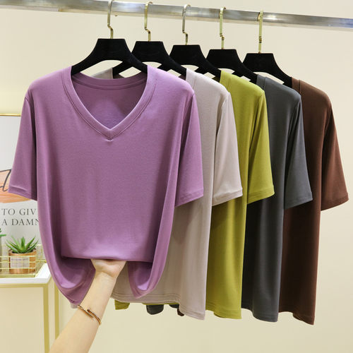 夏季薄款纯棉短袖女V领T恤