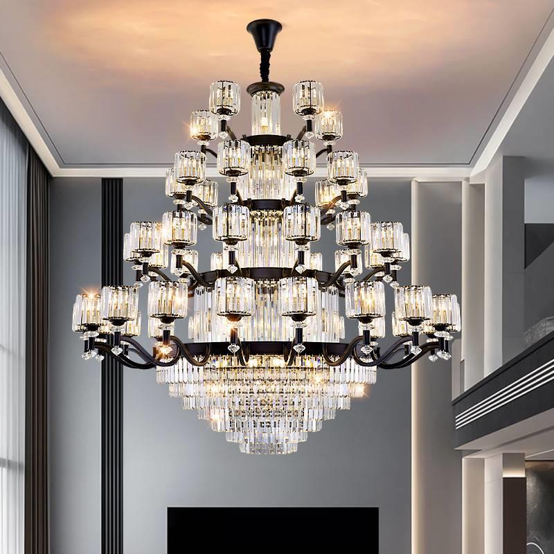 复式楼挑空客厅水晶大吊灯别墅自建房楼中楼黑色美式复古楼梯灯具