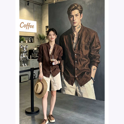 美式复古老钱风亚麻立领男衬衫