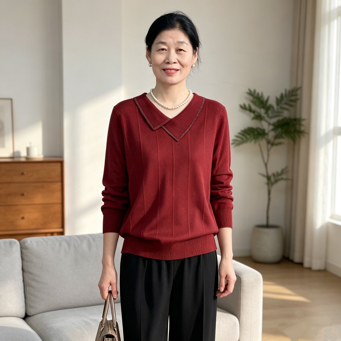 时尚妈妈翻领针织衫中老年女套头