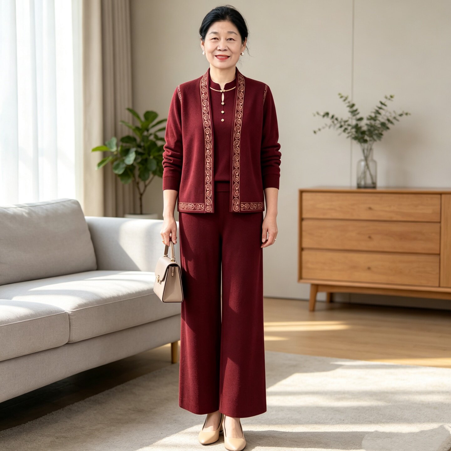 妈妈秋装针织三件套马甲打底外套