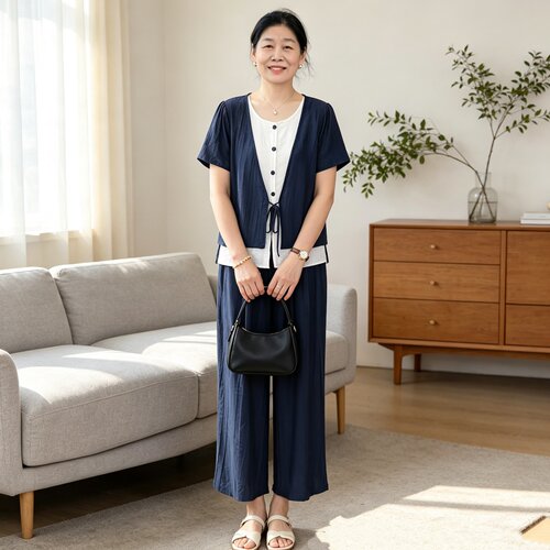 中年妈妈套装气质棉麻小衫两件套