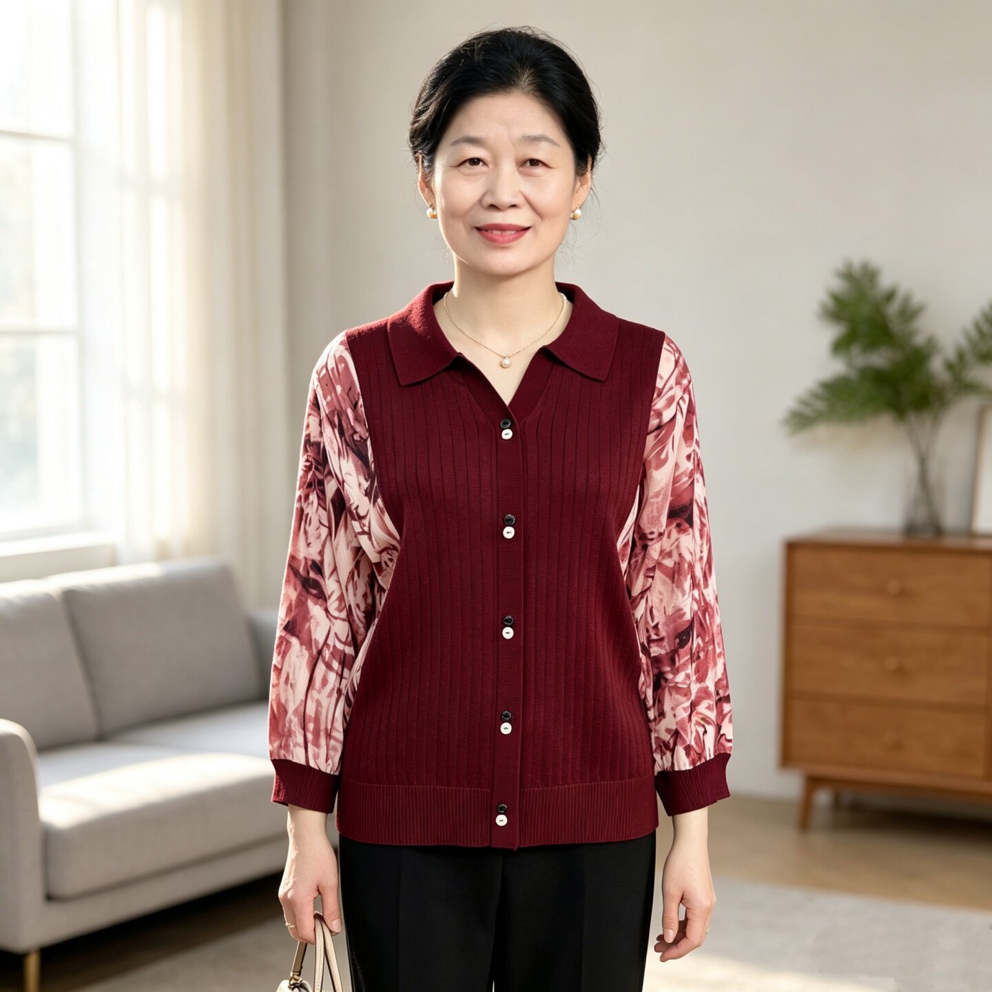 洋气妈妈装春秋季纱袖小衫中年女