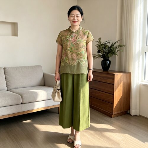 妈妈夏季套装国风刺绣短袖阔腿裤