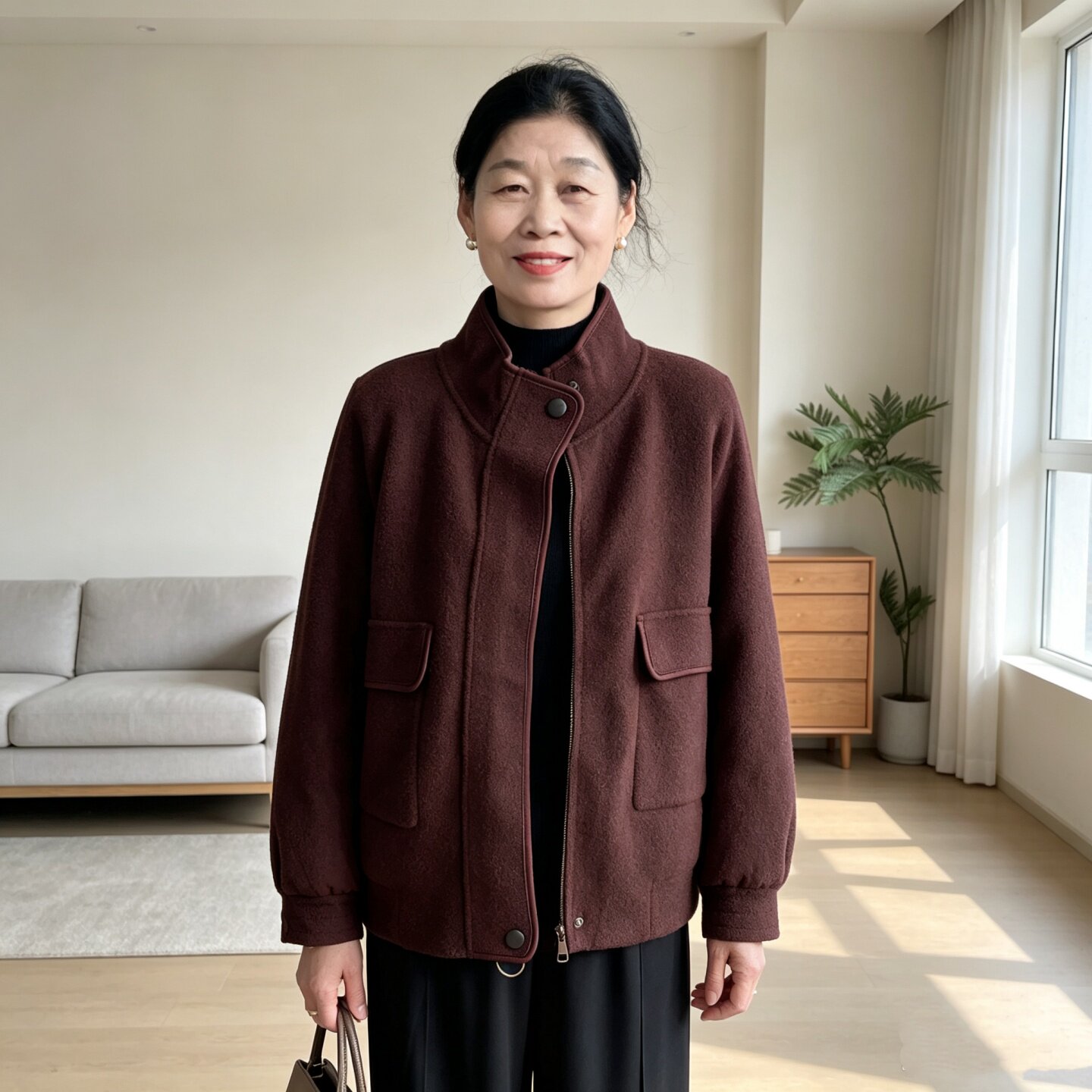 妈妈春秋装气质短款宽松毛呢外套