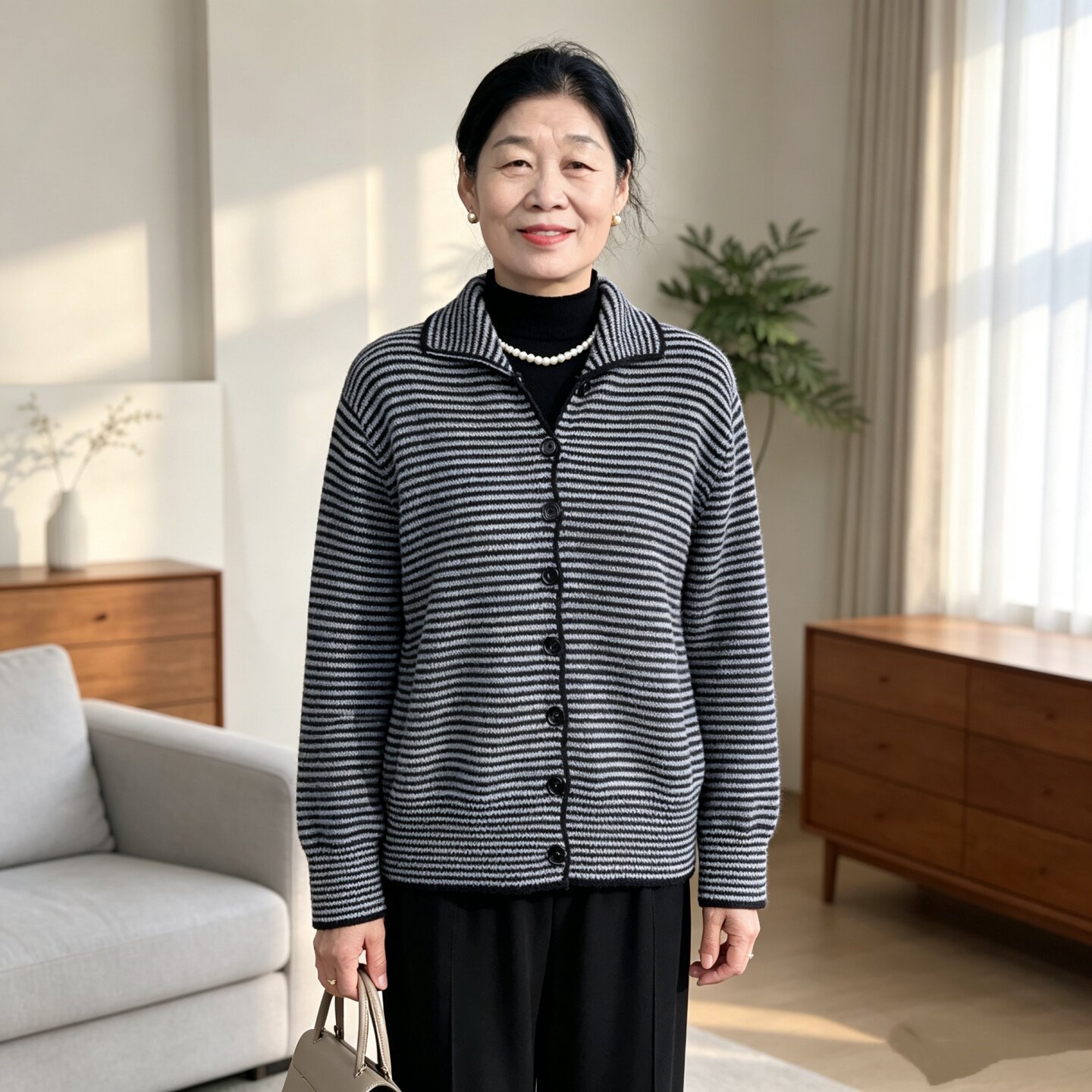 妈妈翻领单排扣条纹针织开衫外套