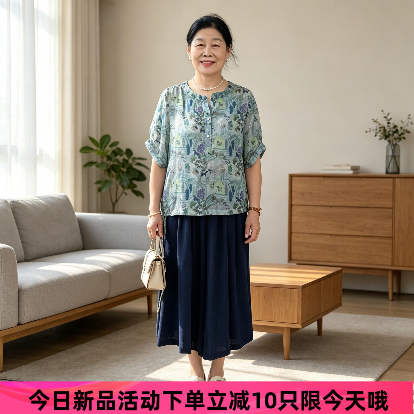 妈妈夏季特大码女装2026夏装两件套遮肚印花小衫上衣七分裤子套装