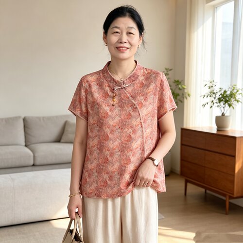 新中式立领提花短袖衬衫妈妈套装