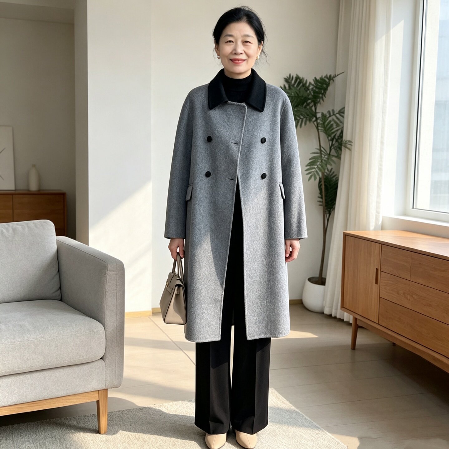 灰色撞色领双面羊绒大衣女中长款