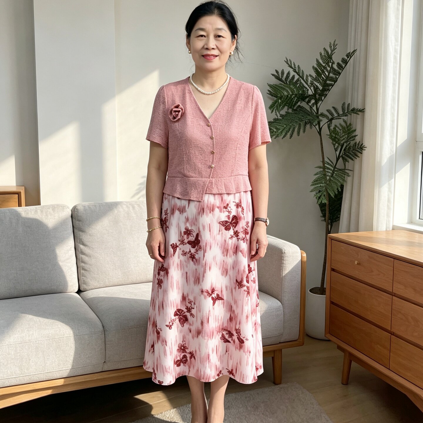 妈妈装印花连衣裙减龄假两件裙子