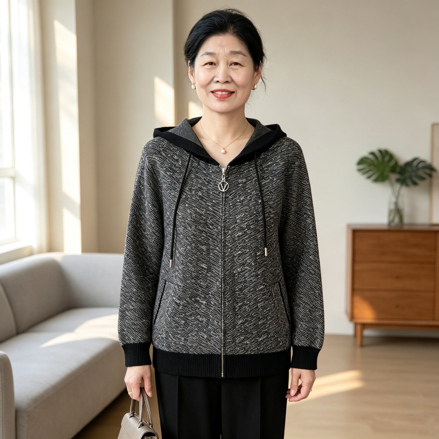 妈妈秋装连帽针织开衫女外套大码