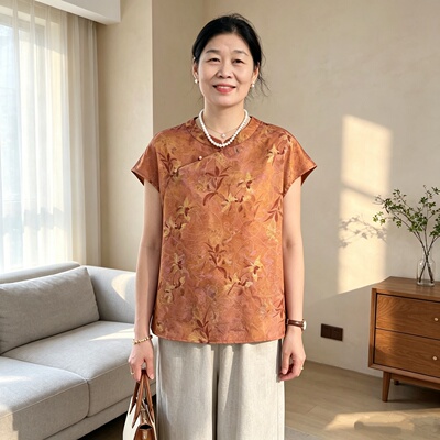 大气妈妈夏装新中式花色短袖小衫