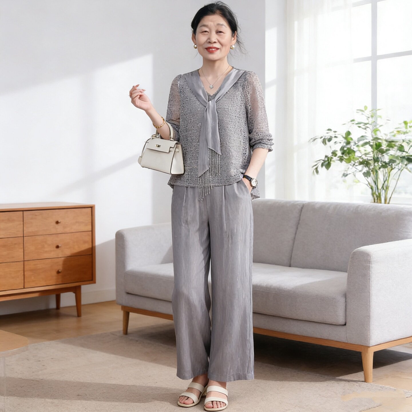 妈妈春夏时尚洋气灰色套装高级感女中老年夏季宽松大码休闲两件套