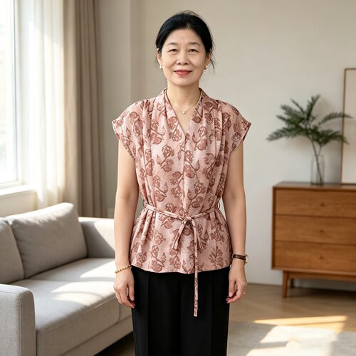 中年妈妈夏V领印花气质短袖上衣1