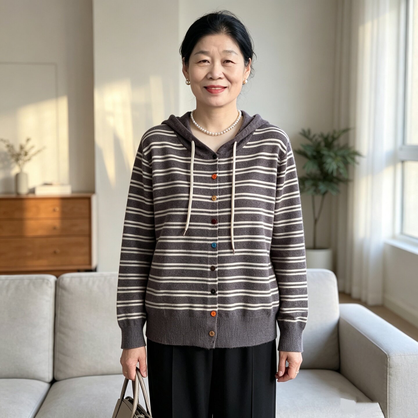 连帽条纹针织开衫女中老年妈妈装