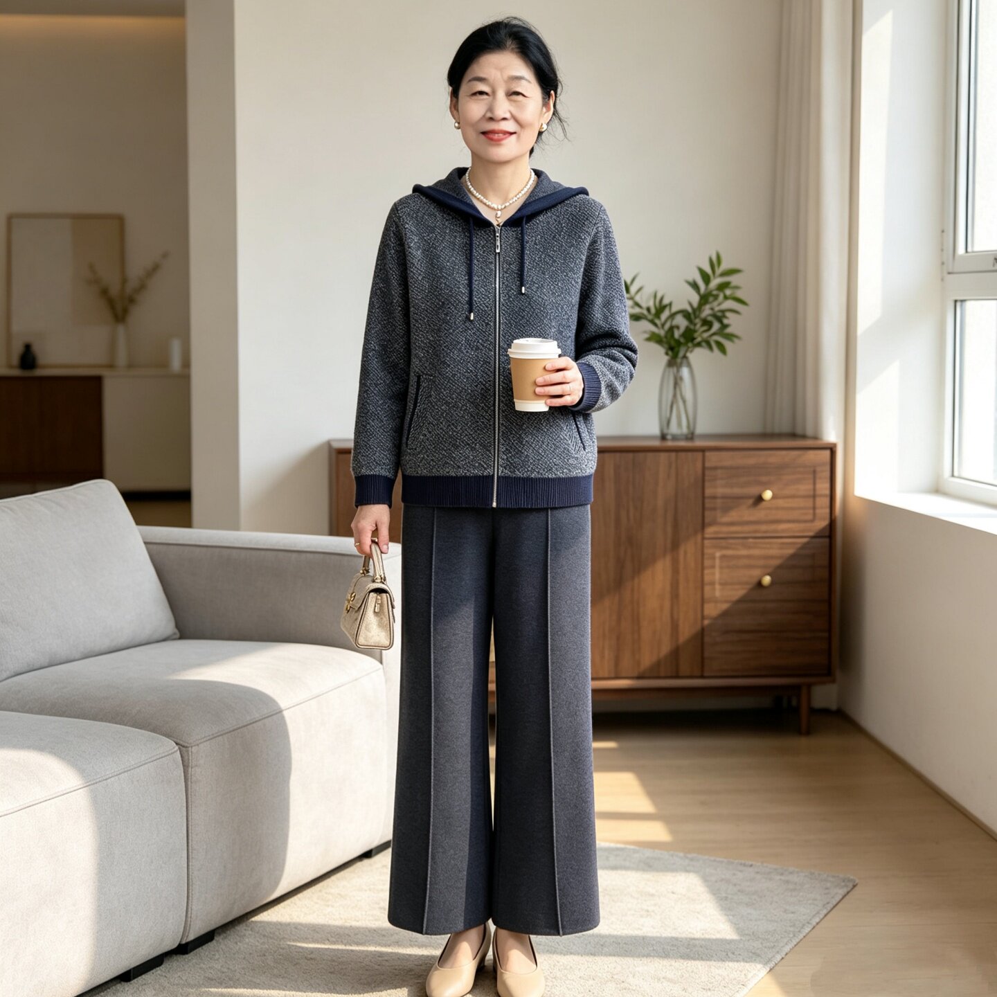 妈妈秋装休闲运动连帽针织套装女