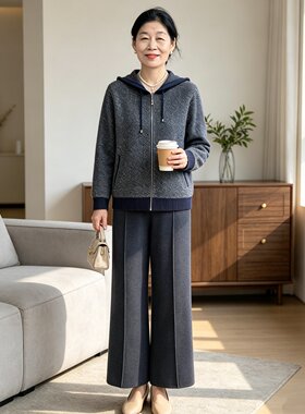 妈妈秋装休闲运动连帽针织套装女