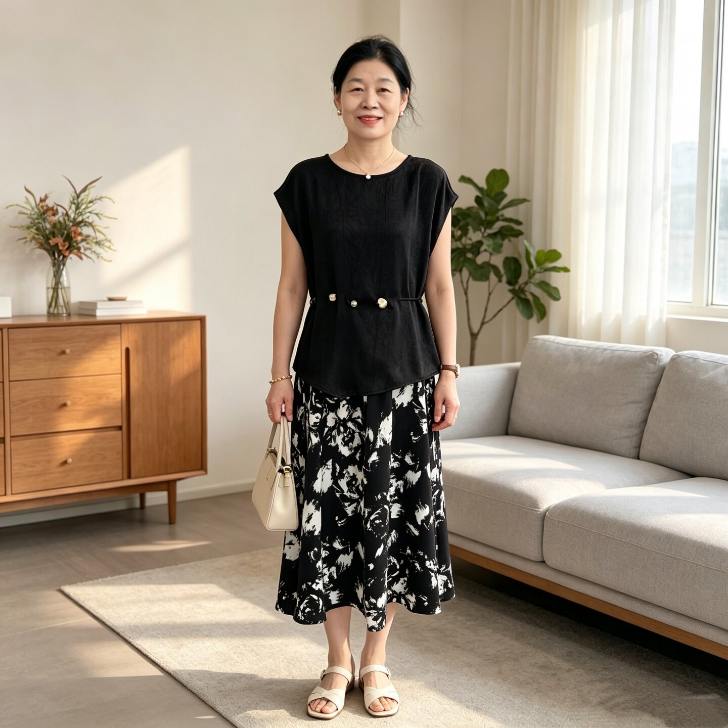 中年妈妈夏装洋气钉珠小衫碎花半身裙套装中老年女减龄两件套裙子