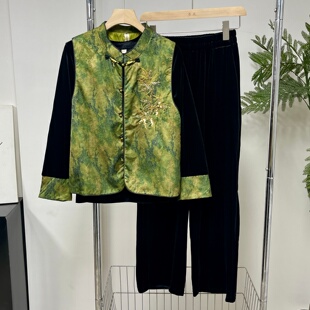 新中式妈妈秋装国风金丝绒三件套2025春秋新款中老年女装马甲套装