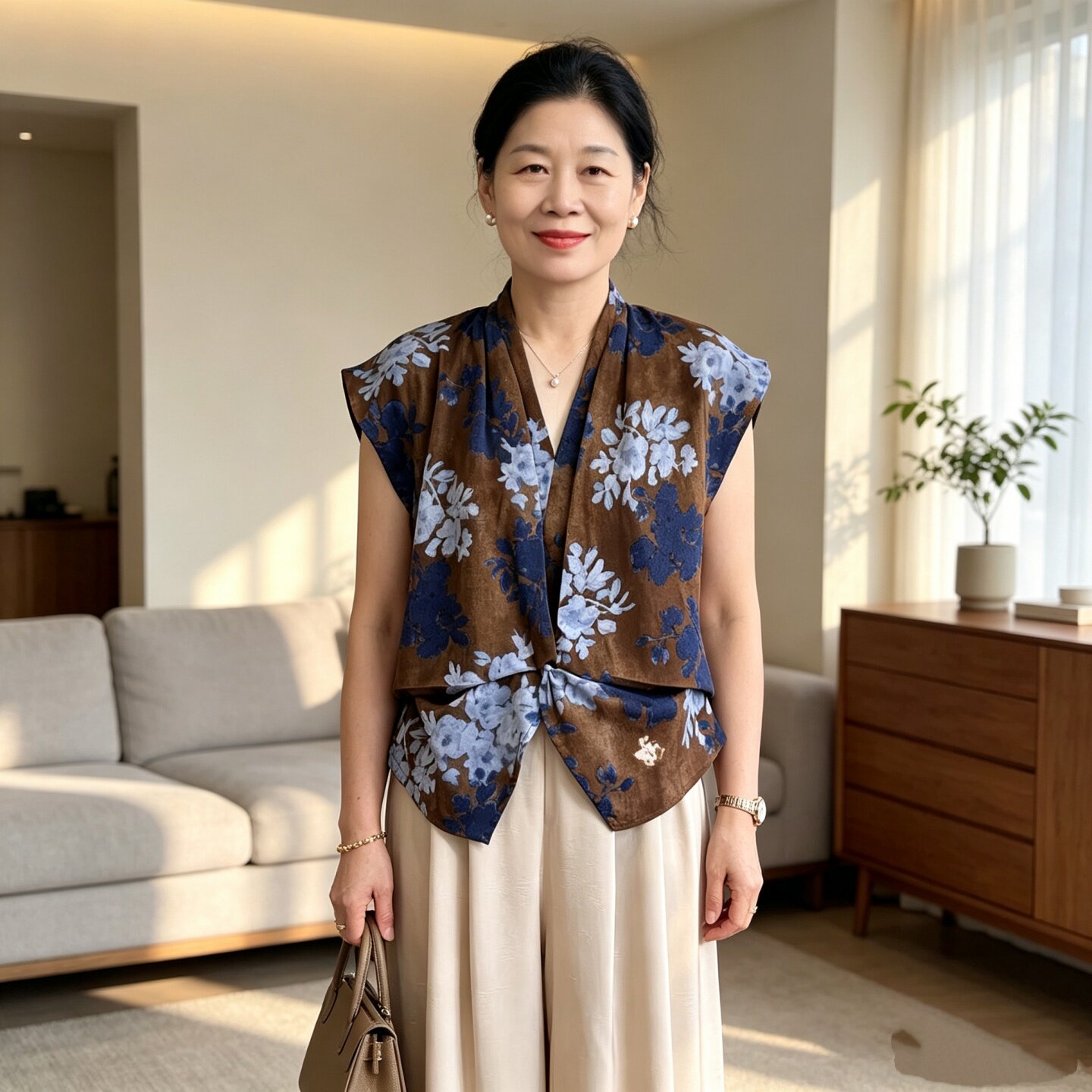 妈妈装夏季牡丹印花上衣裤子套装