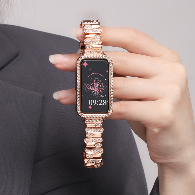 适用于华为手环10表带不规则镶钻款金属腕带huawei band 7/8/9擎云HA580个性蝴蝶扣表链智能运动替换带配件