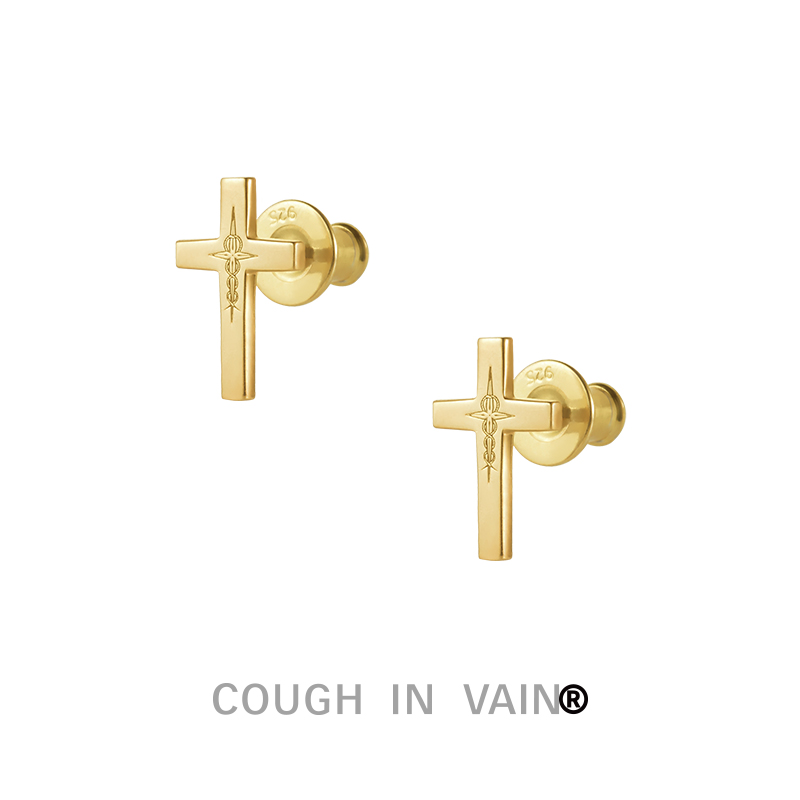 COUGH IN VAIN十字蛇纹刻印925银简约基础耳钉