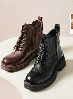商场同款真皮抓皱加绒马丁靴子女25冬款休闲粗跟中筒短靴E8D1DDD5