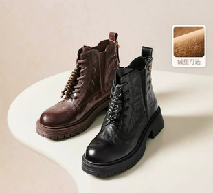 商场同款 休闲粗跟中筒短靴E8D1DDD5 真皮抓皱加绒马丁靴子女25冬款