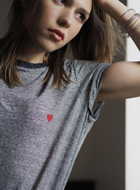 23年夏季法式小众复古文艺圆领爱心刺绣条纹亚麻宽松短袖T恤上衣