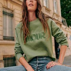 现货 法式小众春秋款圈圈毛纯棉AMOUR刺绣圆领宽松插肩袖卫衣上衣