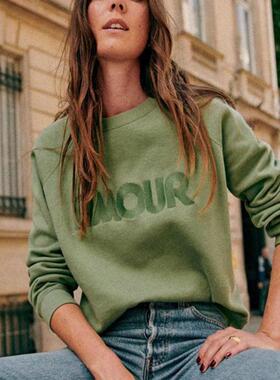 现货 法式小众春秋款圈圈毛纯棉AMOUR刺绣圆领宽松插肩袖卫衣上衣