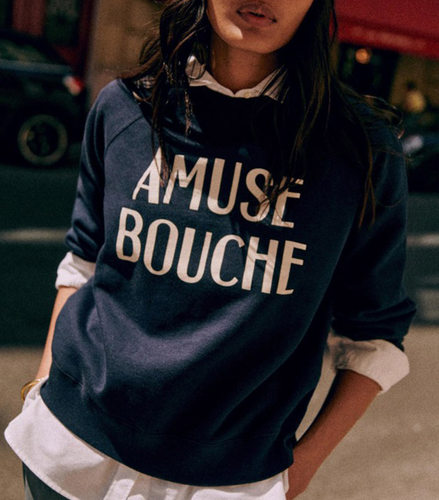 复古纯棉法文母印花宽松套头卫衣