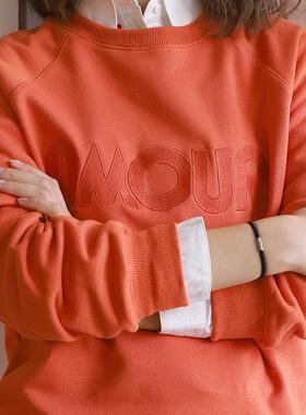 现货法式小众22年秋冬慵懒纯棉法文字母刺绣圆领宽松插肩袖卫衣女