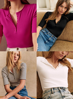 法式小众23年春夏文艺亨利领纯棉弹性纽扣开襟修身半袖t恤上衣女