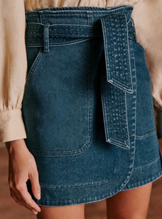 法式 22年夏季 纯棉复古松弛牛仔裹式 高腰系带大口袋a字裙半裙 小众