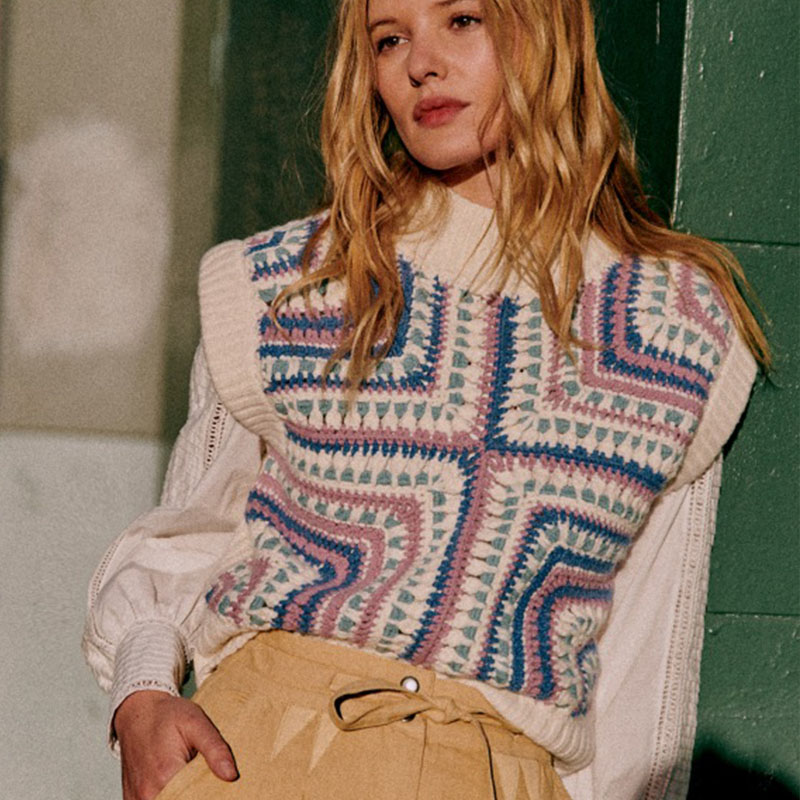 复古手钩撞色高领马甲针织上衣棉