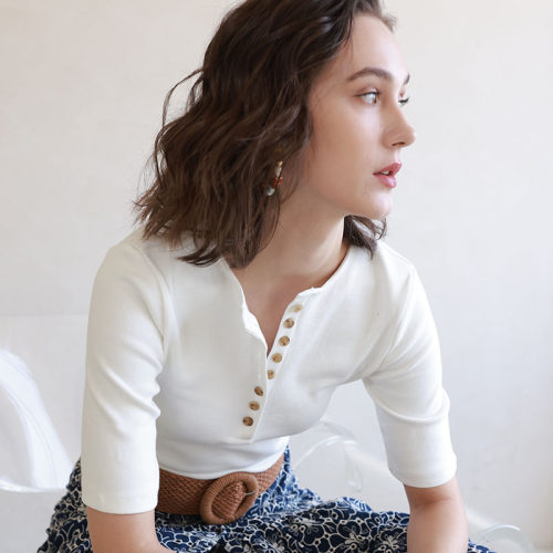 亨利领短袖半开领修身棉t恤上衣