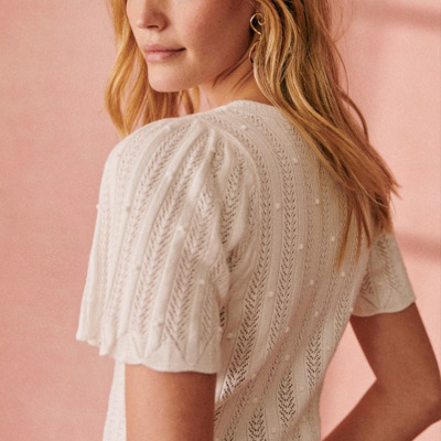 针织衫提花纽扣花瓣短袖纯棉T恤