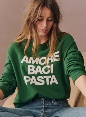 现货23年秋冬复古绿色运动风法语字母印花纯棉宽松长袖卫衣套头衫