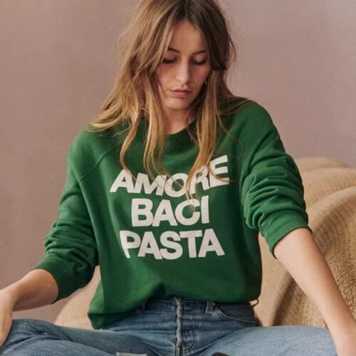 绿色运动风字母印花棉宽松套头衫