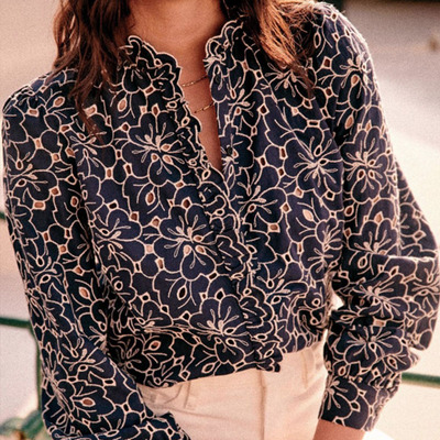 异国风镂空刺绣立领长袖直筒衬衫