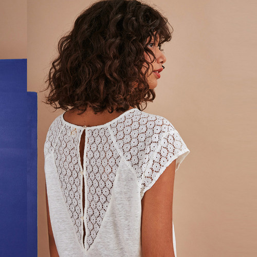 纯棉V领拼接蕾丝露背宽松短袖T恤