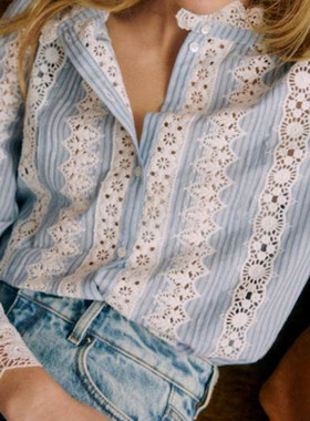 现货法国小众宫廷风纯棉条纹拼刺绣蕾丝复古上衣花瓣立领长袖衬衫